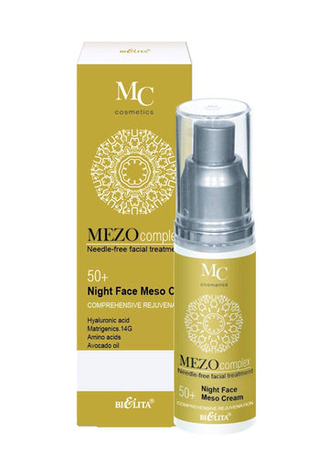 Bielita & Vitex MEZOcomplex Line Night Face Mezo Cream 50+ Complex Rejuvenation for All Skin Types, 50  with Hyaluronic Acid, Collagen, Avocado Oil, Cocoa Butter, Amino Acid Cocktail, Vitamins