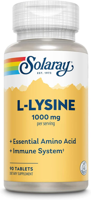 SOLARAY L-Lysine, Free-Form 1000 mg, Essential Amino Acid Immune Support Supplement with Vitamin C 1,000 mg and Zinc 25 mg, Lab Verified, 60-Day Guarantee, 30 Servings, 90 Tablets