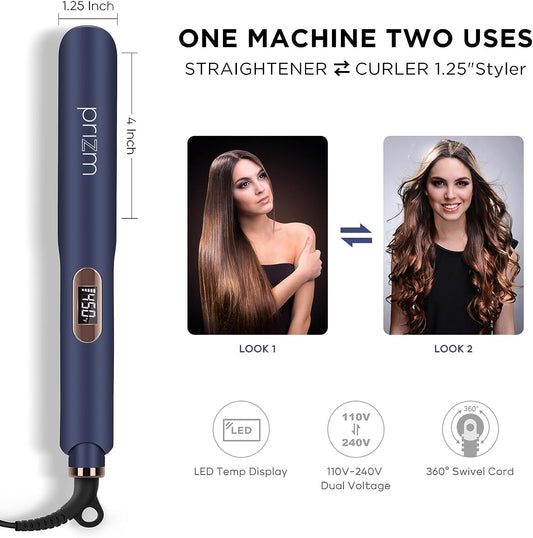 at Iron Hair Straightener, Prizm Hair Straightener and Curler 2 in 1, 1.25'' inch Straightener at Iron with 4 Temp, Dual Voltage, LCD Temp Display, Nano Titanium at Iron for Fast Heating