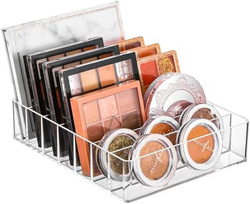 LoengMax Makeup Organizer, Eyeshadow Palette Organizer, 7 Section Acrylic Divided Palette Holder, for Eyeshadow Palettes, Contour Kits, Blush(Clear, 7.48x 6.3 x 1.77 in)