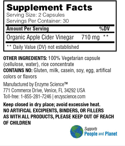 Enzyme Science Apple Cider Vinegar, 60 Capsules - Organic Acv Suppleme