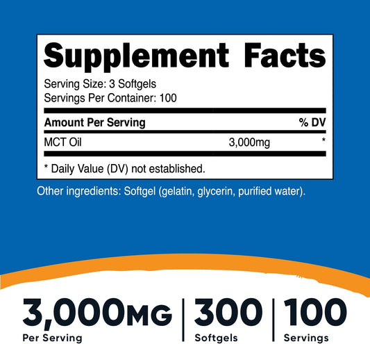 Nutricost MCT Oil Softgels 1000mg, 300 SFG (3,000mg Serv) - Great for 1.01 Pounds