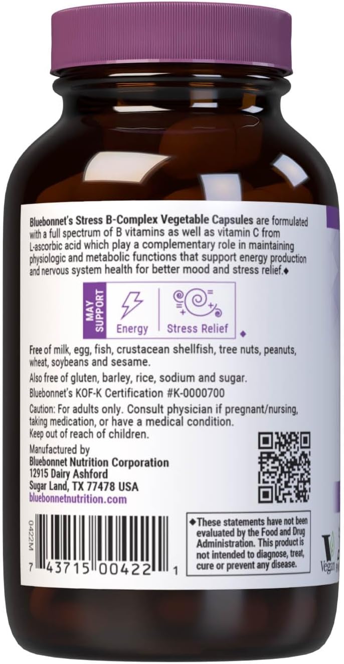 Bluebonnet Nutrition Stress B Complex Vegetable Capsules, 50 Count