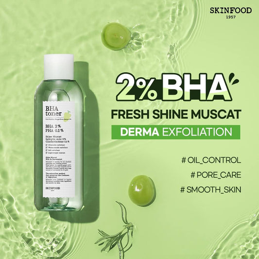 Skinfood Shine Muscat Bha Toner 6.76 . (200), 2% Bha Salicylic Acid & 0.1% Pha Gluconolactone Facial Exfoliant For Clogged Pores, Hydration Boosting, Smooth Skin
