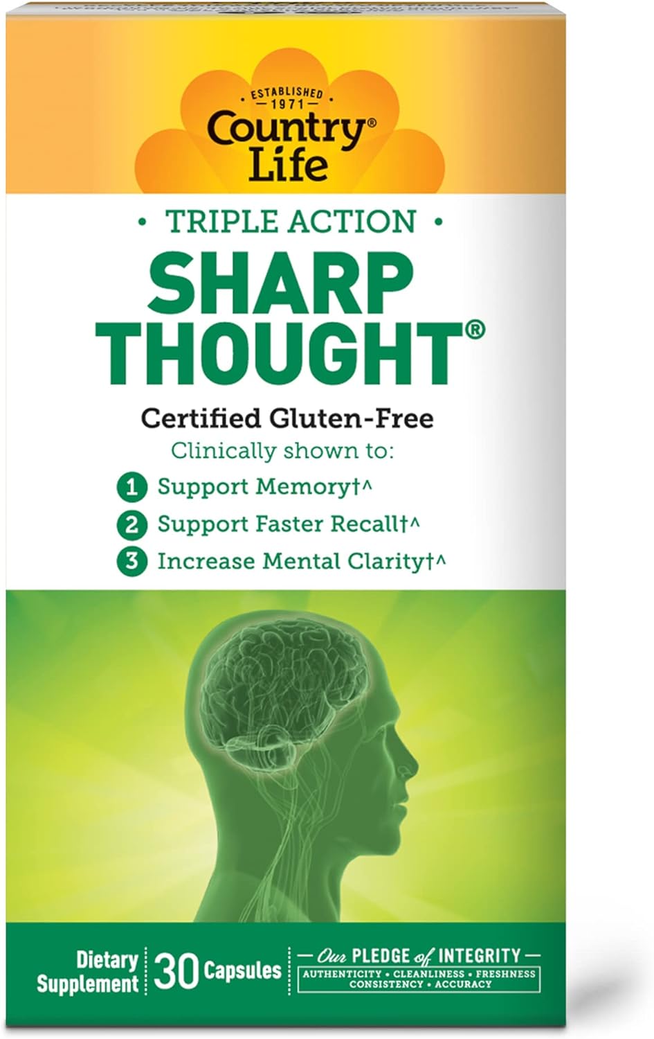 Country Life Sharp Thought 30 Capsules, Certified Gluten Free