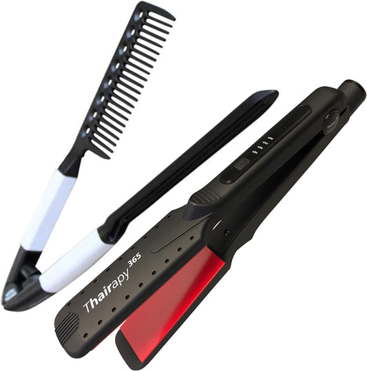 Thairapy 365 Wet or Dry Salon Quality at Iron Set ? 1.5 inch Extra Wide Styling Plates ? 450F to 140F Digital Temp Control - Professional Hair Straightener & Comb - Dual Voltage 110v-240v