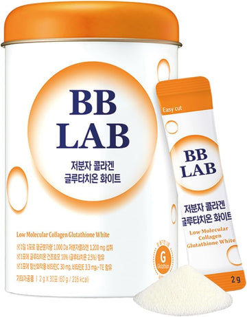 Bb Lab Collagen Glutathione White, Low Molecular Korean Collagen & Glutathione Stick Supplement, Fish Collagen Peptides, Vitamin C, Vitamin E, Glutathione, Fast Abosorption, Orange Flavor
