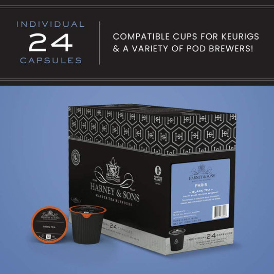 Harney and Sons Paris Black Single Serve Tea Pods, 48 Pack | Compatible with Keurig K Cup Brewers | No Sugar Added | One Capsule Per Cup