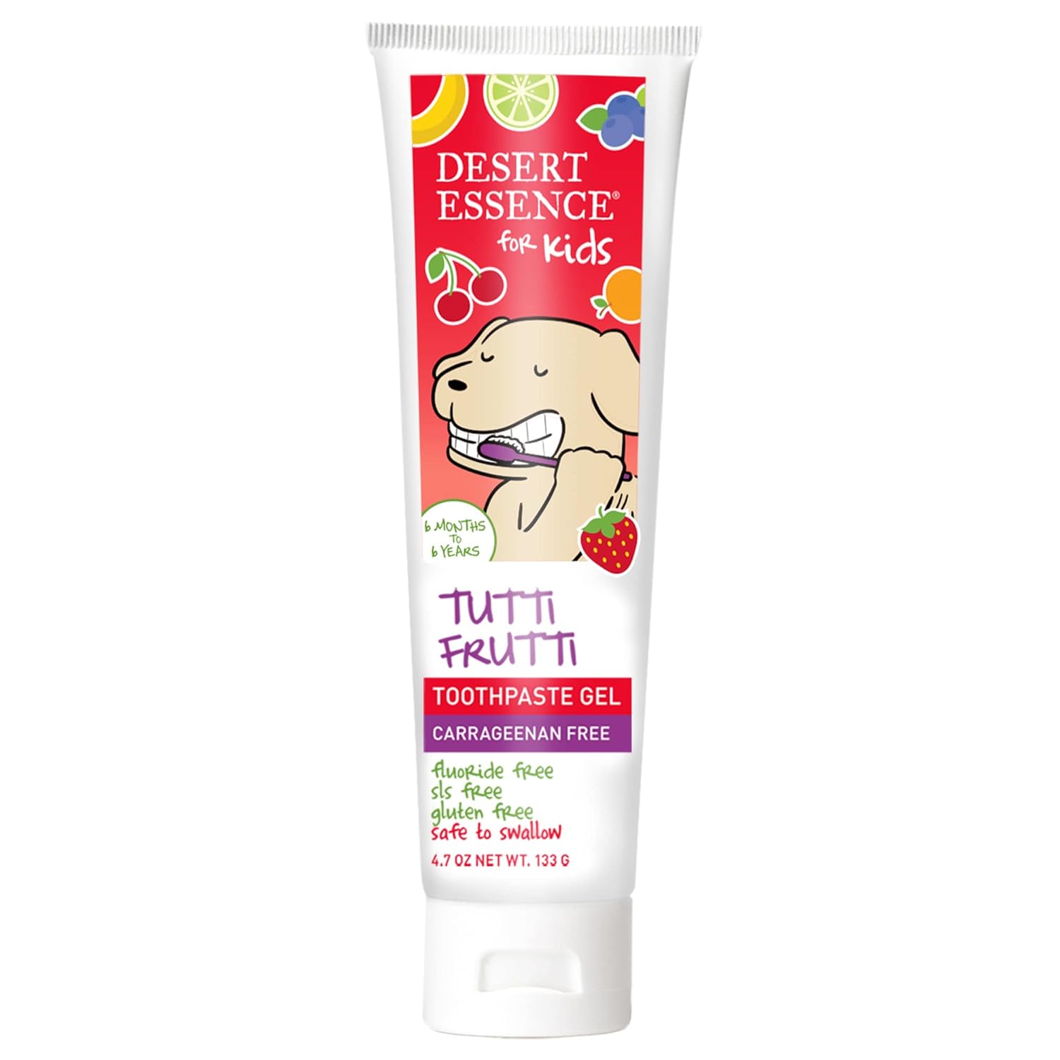 Desert Essence, Tutti Frutti Toothpaste Kids Gel, 4.7 . - Safe to Swallow, uoride Free, SLS Free, Gluten-Free, Vegan, Plant Powered Formula, Great Tasting, Removes Plaque and Buildup
