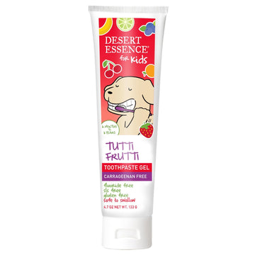 Desert Essence, Tutti Frutti Toothpaste Kids Gel, 4.7 . - Safe to Swallow, uoride Free, SLS Free, Gluten-Free, Vegan, Plant Powered Formula, Great Tasting, Removes Plaque and Buildup