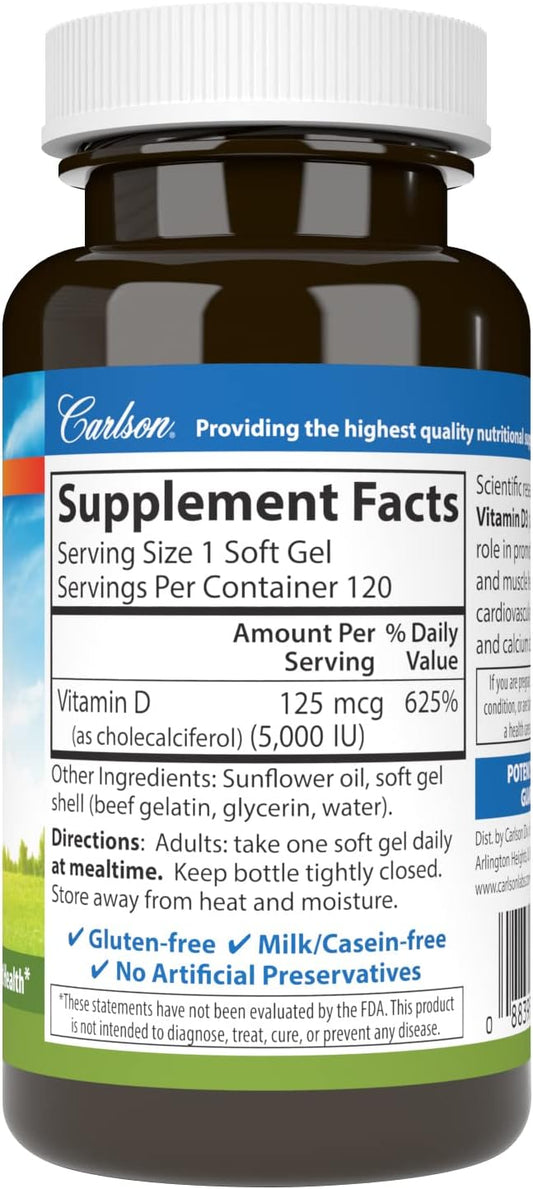 Carlson - Vitamin D3 5000 IU (125 mcg), Bone Health, Muscle Health, Cholecalciferol, Vitamin D Supplements, Vitamin D3 Soft Gels, 120 Softgels