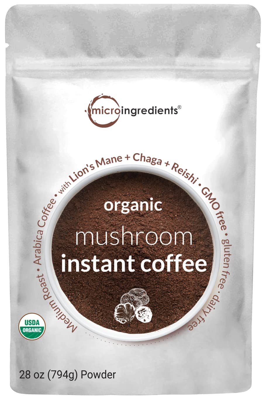 Organic Instant Mushroom Coffee Powder, (317 Servings) | Premium Arabica Coffee With Lion’s Mane, Chaga, & Reishi | Smooth Medium Roast Flavor, Clean Energy & Focus
