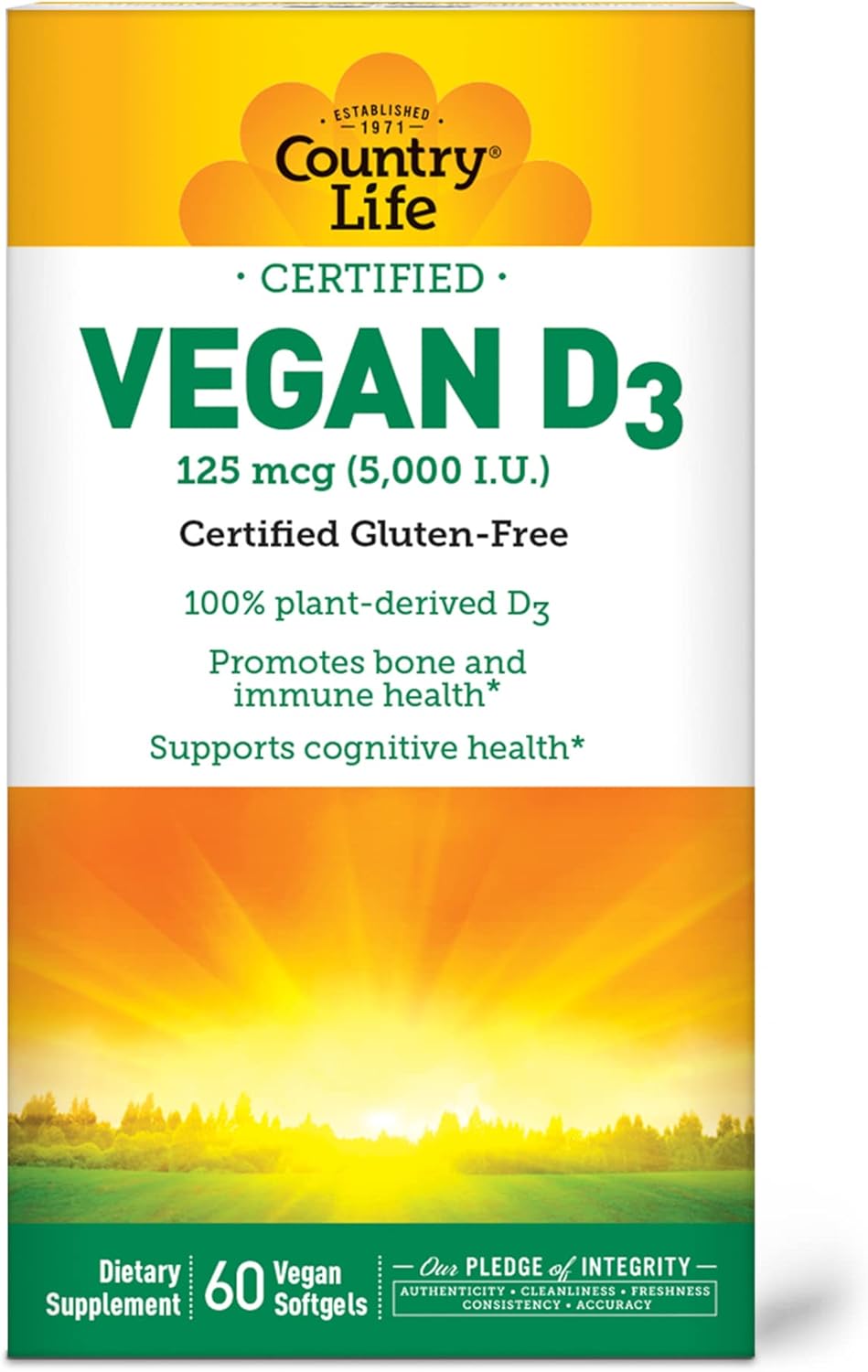 Country Life Vegan D3 5000 IU, 60 Softgels, Certified Gluten Free, Cer