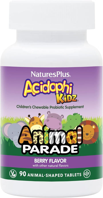 NaturesPlus Animal Parade AcidophiKidz, Berry Flavor - 90 Chewable, An0.64 Ounces