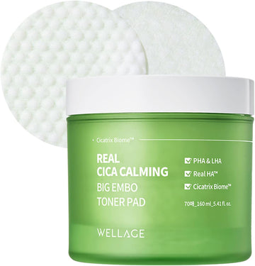 WELLAGE CICA Calming Pore Tightening Exfoliating Toner Pads 70 Pads - with Centella Asiatica, PHA, LHA, and Madecassoside, Facial Pads for Moisturizing and Soothing