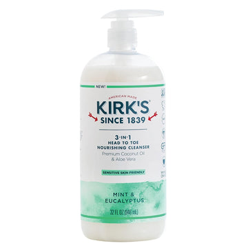 Kirk's 3-in-1 Castile Liquid Soap Head-to-Toe Clean Shampoo, Face Soap & Body Wash for Men, Women & Children | Mint & Eucalyptus Scent | 32