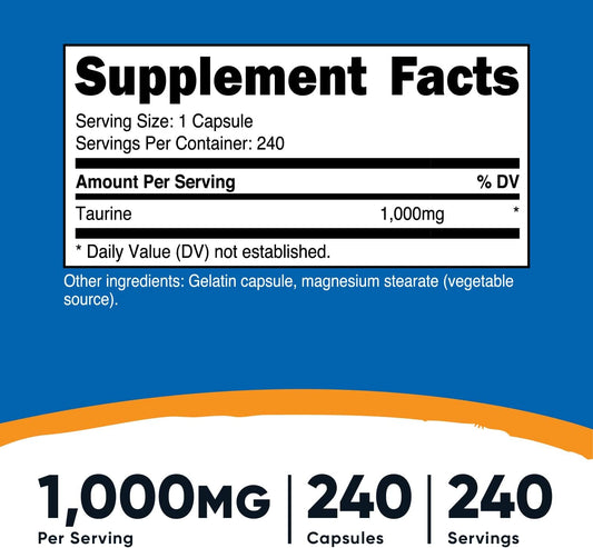 Nutricost Taurine 1000mg Capsules Supplement, 240 Capsules Per Bottle, Non-GMO & Gluten Free