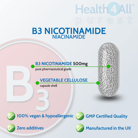 Vitamin B3 Nicotinamide (Niacinamide) 500mg 90 Capsules (V) Vegan. No-69 Grams