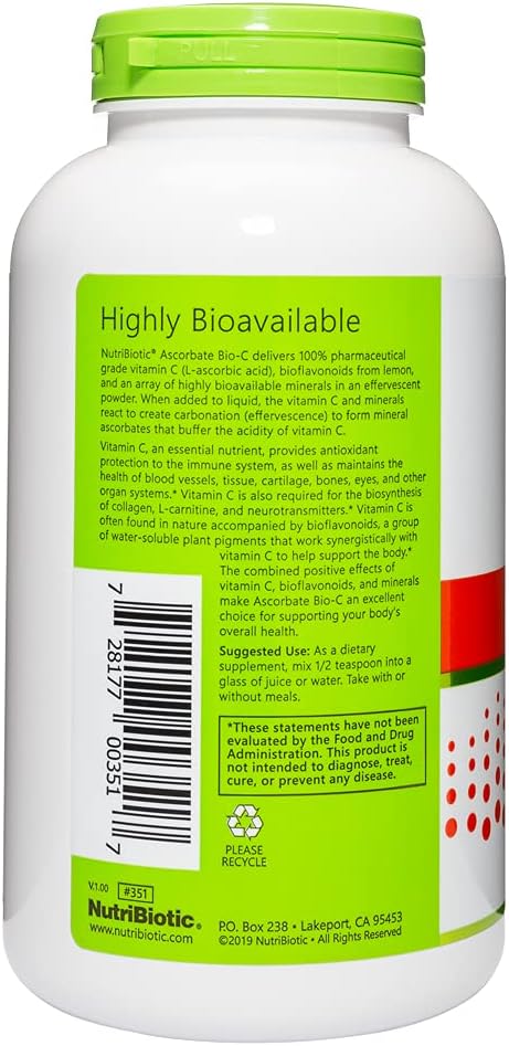 NutriBiotic - Ascorbate Bio-C, 1 | Effervescent Vitamin C Powder With Lemon Bioavonoids & Minerals Calcium, Magnesium, Zinc, Selenium & More | Bioavailable Antioxidant & Collagen Support | Vegan