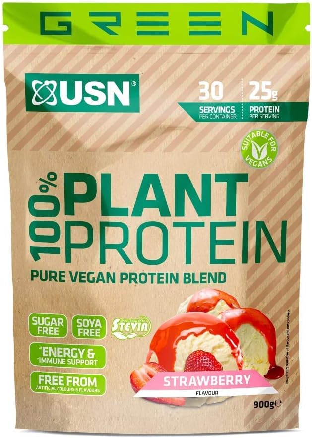 USN 100% Plant Protein Strawberry, Vegan Protein Powder (900g) A Sugar900 Grams