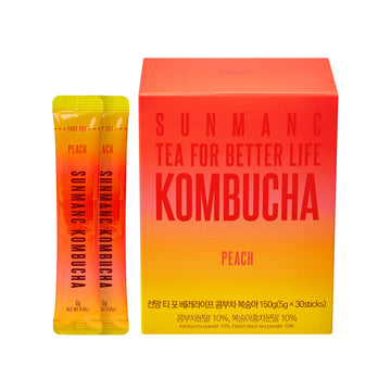 SUNMANC Kombucha 30 packets Sparkling Probiotic Fermented Drink from South Korea, Gut Health and Immunity Support, Convenient Powdered Drink Mix, Tea Powder, Low Calories, Sugar 0g, Low Caffeine, No Refrigeration Required (Peach)