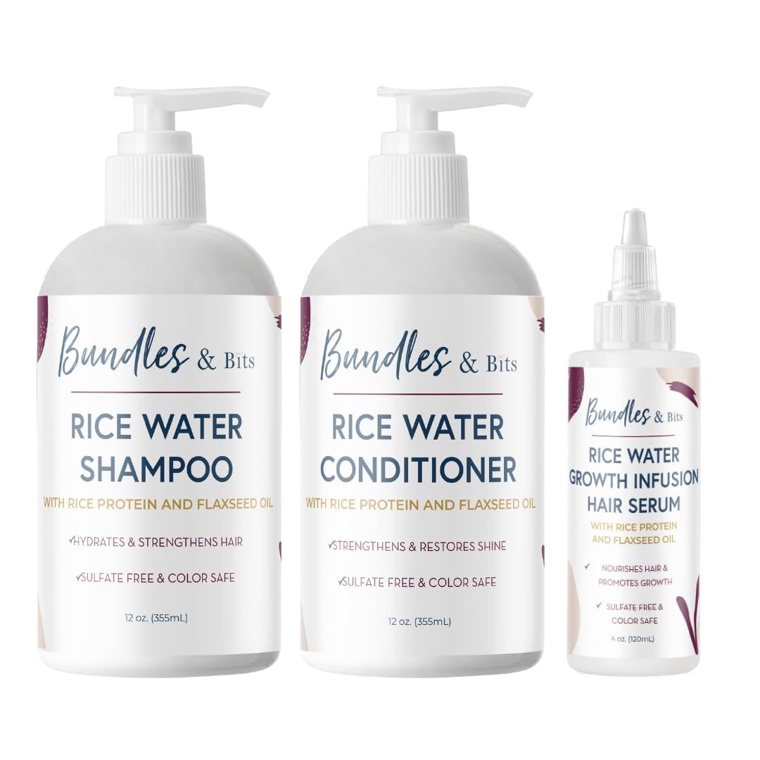 Bundles & Bits Rice Water Shampoo and Conditioner + Hair Growth Serum - Regrowth, Thinning Hair and Anti-Hair Loss - Plant-based, Sulfate Free, For All Hair Types, 3 Piece Set