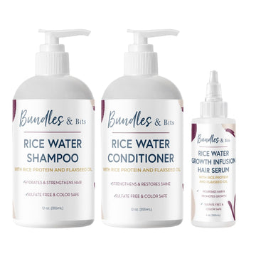 Bundles & Bits Rice Water Shampoo and Conditioner + Hair Growth Serum - Regrowth, Thinning Hair and Anti-Hair Loss - Plant-based, Sulfate Free, For All Hair Types, 3 Piece Set