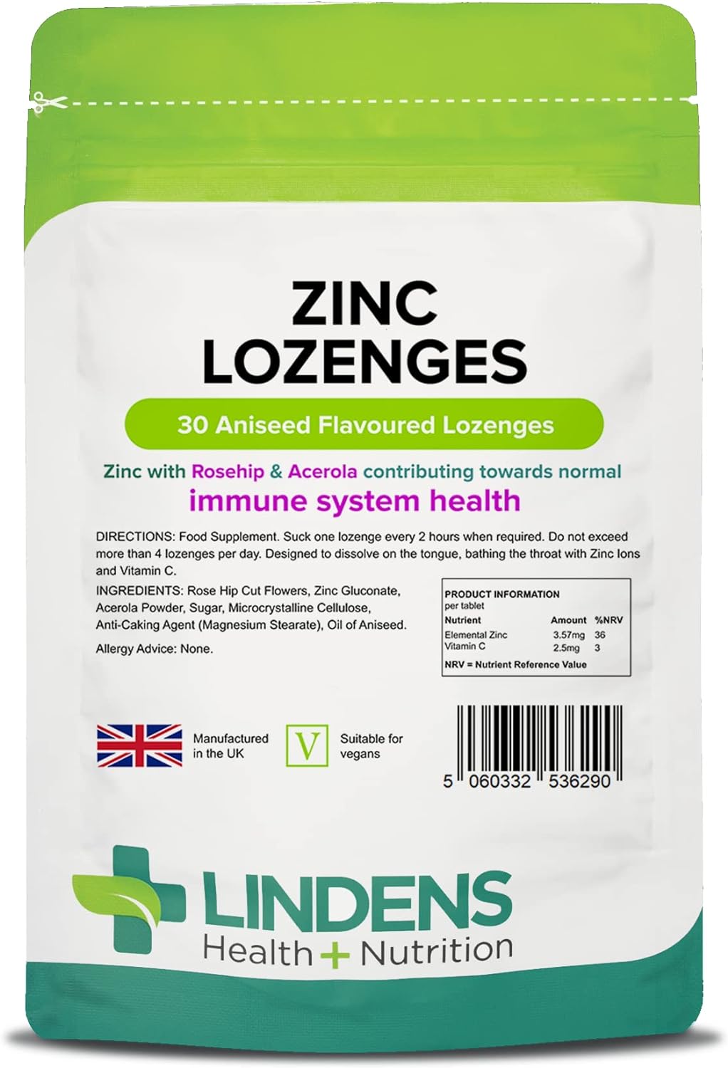 Lindens Zinc with Acerola - 30 Aniseed Lozenges | Skin, Hair, Nails, I50 Grams