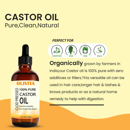 Olivita Pure Castor Oil Organic Cold Pressed Unrefined, Organic Caster Oil for Hair Growth, Thicker Eyelashes & Eyebrows