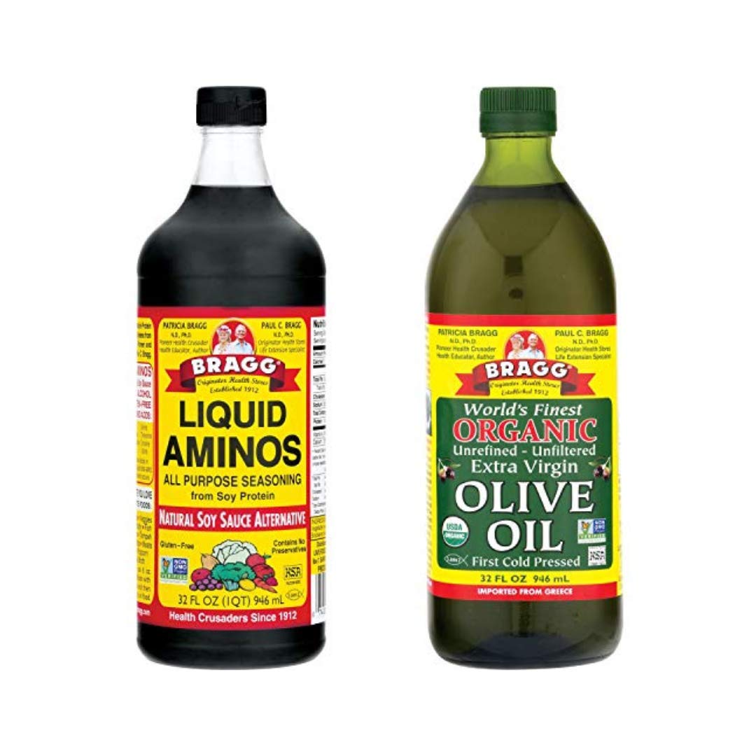 Bragg Liquid Aminos All Purpose Seasoning 32oz and Organic Extra Virgin Olive Oil 32oz Bundle