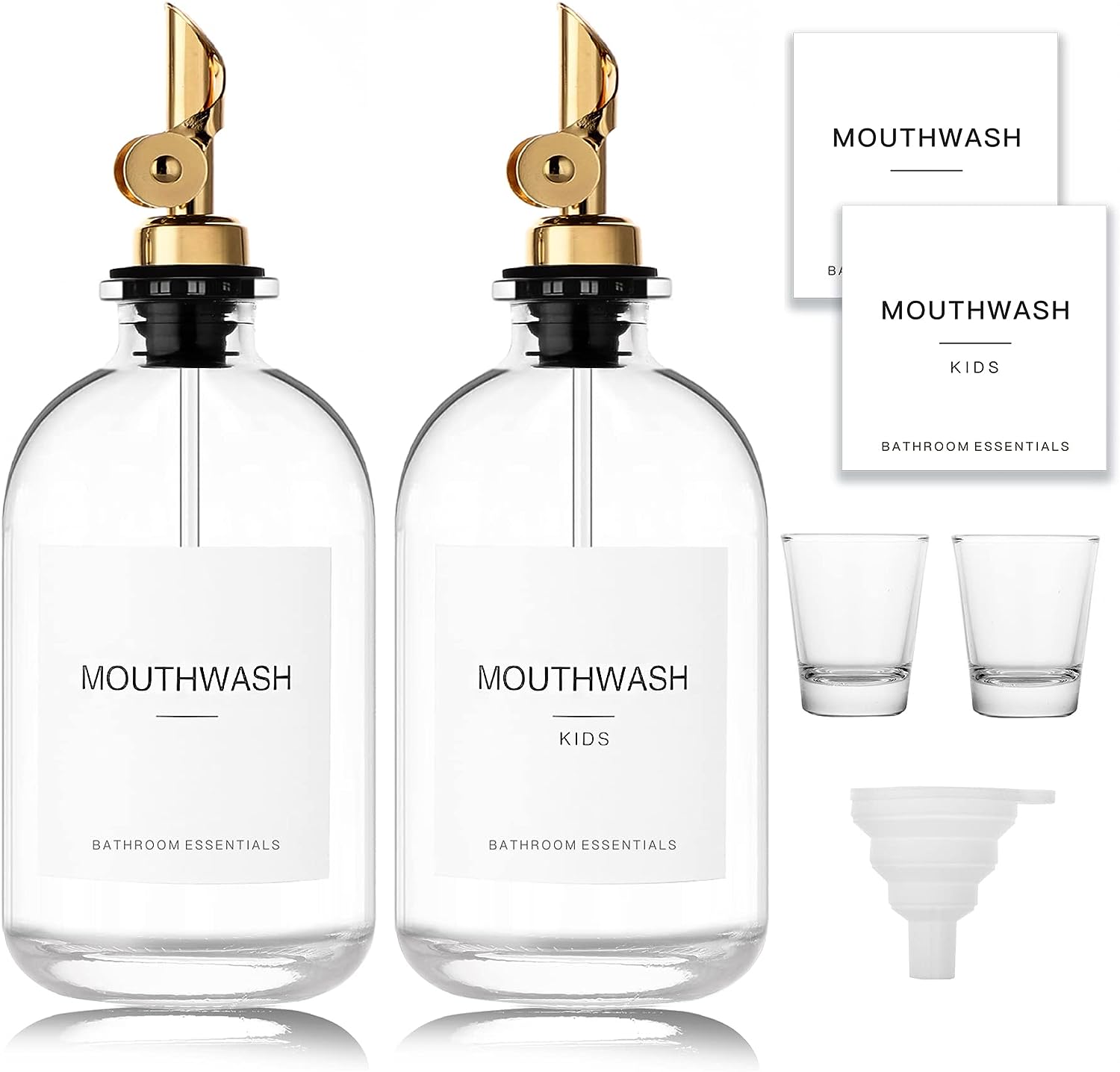 HomeFeel Mouthwash Dispenser for Bathroom, 12.7 , 2 Pack - Glass Mouthwash Bottle with 304 Stainless Steel Spout & Minimalist Labels, Style Mouthwash Container, Gold