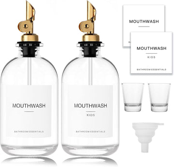 HomeFeel Mouthwash Dispenser for Bathroom, 12.7 , 2 Pack - Glass Mouthwash Bottle with 304 Stainless Steel Spout & Minimalist Labels, Style Mouthwash Container, Gold