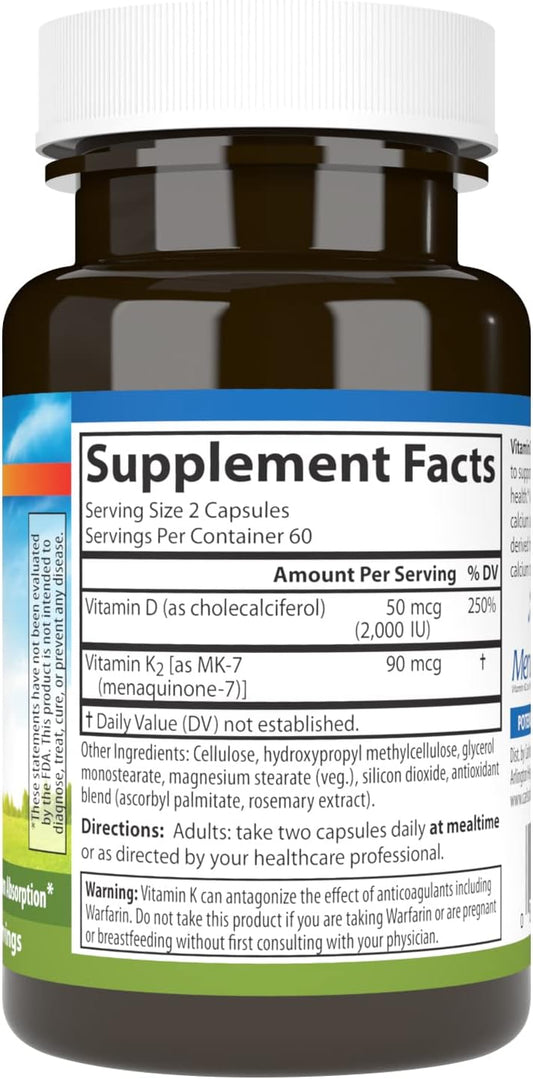 Carlson - Vitamin D3 + K2, 50 mcg (2000 IU) Vitamin D3 & 90 mcg Vitamin K2 as MK7, Bone Support, Calcium Absorption, 120 Capsules