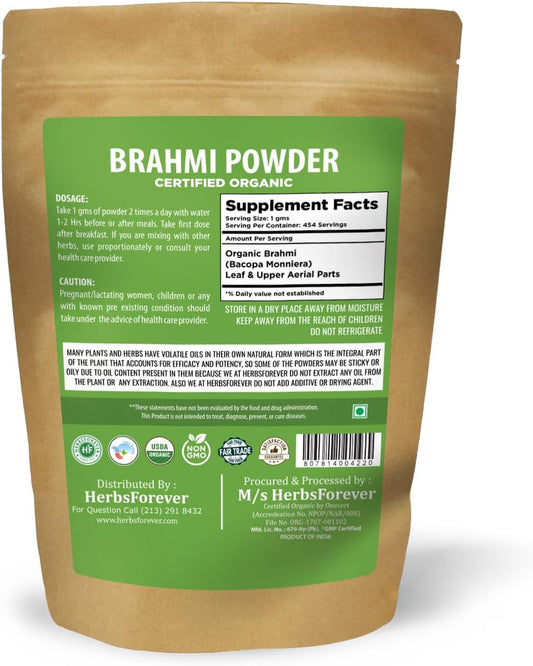 HerbsForever Brahmi Powder ? Bacopa Monnieri ? Supports Focus, Concentration, Alertness ? Non GMO, Organic, Vegan ? 454