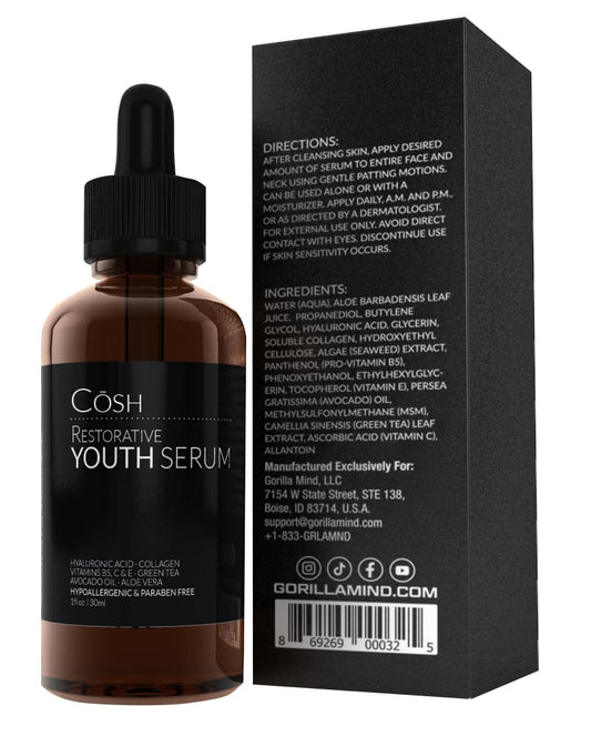 Gorilla Restorative Youth Serum, Anti Aging Anti Wrinkle Topical Vitamin C Facial Serum with Hyaluronic Acid, Collagen, Aloe Vera, Vitamin B5 & E, 1