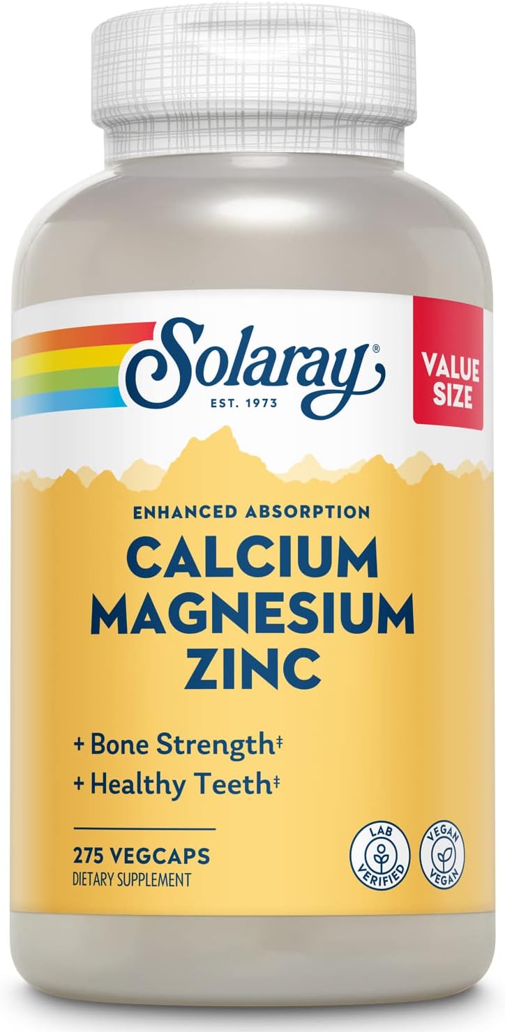 Solaray Calcium Magnesium Zinc Supplement, with Cal & Mag Citrate, Strong Bones & Teeth Support, Easy to Swallow Capsules, Vegan, 68 Servings, 275 VegCaps