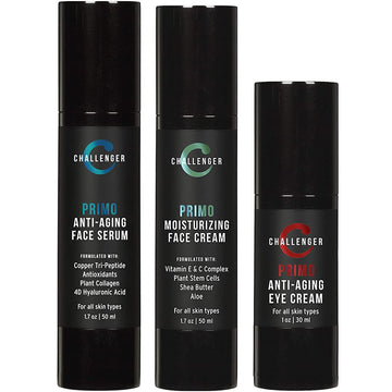 Challenger Men's Primo - Men's Anti Aging Trio - Face Serum, Face Moisturizer, & Eye Cream - Formulas incl. Copper Tri-Peptide, 4D Hyaluronic Acid, Aloe, Vitamin C & More - Firm Skin & Reduce Wrinkles