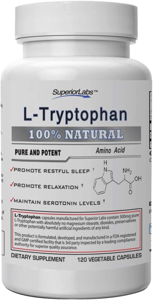 Superior Labs – Pure L-Tryptophan – 500Mg, 120 Vegetable Capsules – Non-Gmo Dietary Supplement For Restful Sleep & Relaxation – Supports Feelings Of Well Being And Healthy Circulation Circulation