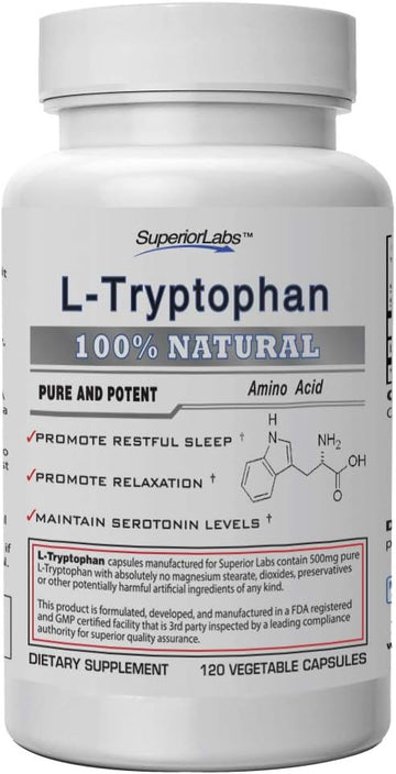 Superior Labs – Pure L-Tryptophan – 500mg, 120 Vegetable Capsules – Non-GMO Dietary Supplement for Restful Sleep & Relaxation – Supports Feelings of Well Being and Healthy Circulation Circulation