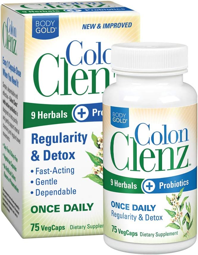 Body Gold Colon Clenz Regularity & Detox Formula | Once Daily Support With 9 Herbs + Active Probiotics | 75 Ct