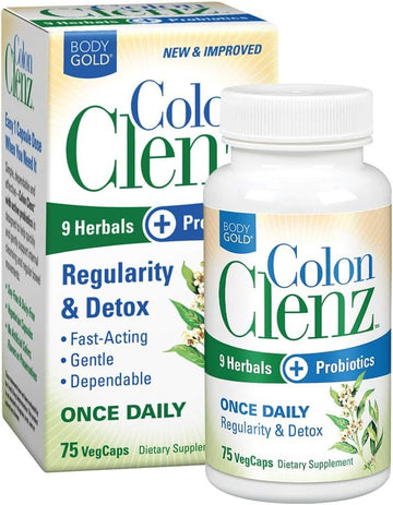 Body Gold Colon Clenz Regularity & Detox Formula | Once Daily Support With 9 Herbs + Active Probiotics | 75 Ct