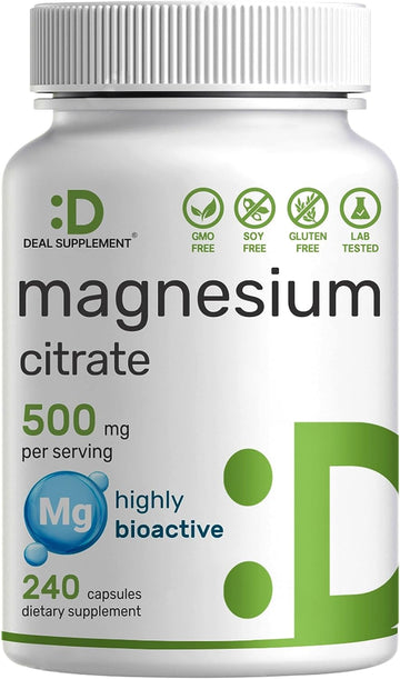 Magnesium Citrate 500mg, 240 Capsules | Easily Absorbed, Purified Trac