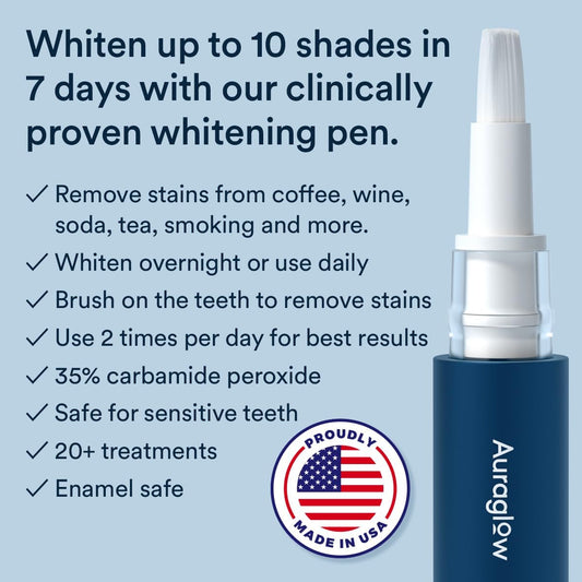 Auraglow Teeth Whitening Pen, Overnight Teeth Whitening Pen, 35% Carbamide Peroxide, 20+ Whitening Treatments, No Sensitivity, 2.8