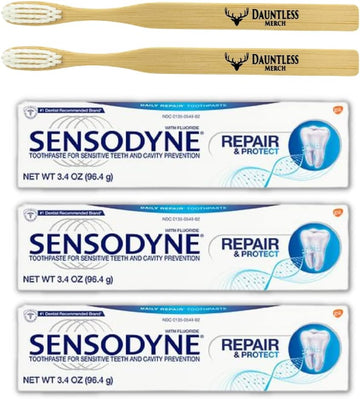 Sensitive Toothpaste, Bamboo Toothbrushes Set, Includes 3.4  Mint (Pack of 3), Dauntless Merch Bamboo Soft Toothbrush (Pack of 2)