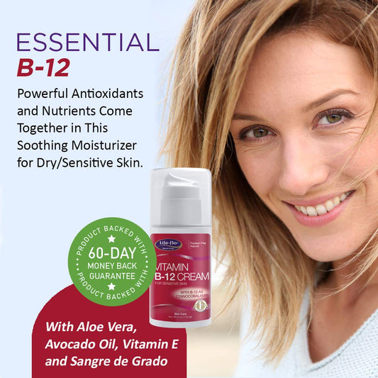 Life-Flo Vitamin B-12 Cream for Sensitive Skin | Soothes & Moisturizes | with Aloe Vera, Avocado Oil, VIT. E & Sangre De Grado | Unscented | 4oz