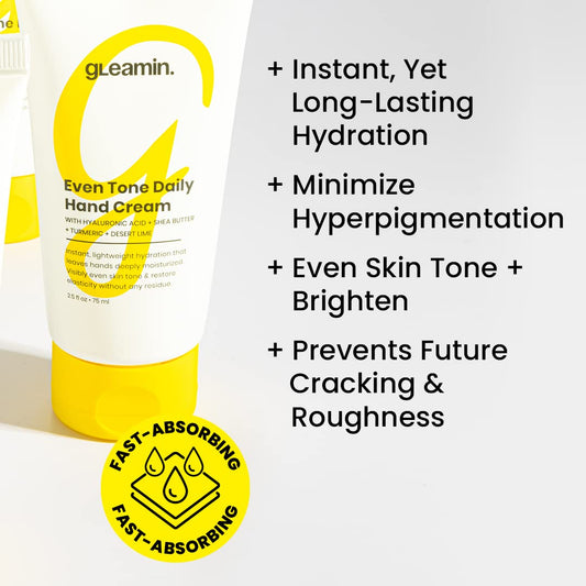 Gleamin Even Tone Daily Dry Hand Cream for Women - Hand Lotion for Dry Hands, Hand Cream for Dry Cracked Hands, Daily Brightening Cream with Hyaluronic Acid, Shea Butter, Turmeric, and Lime 2.5 Fl Oz