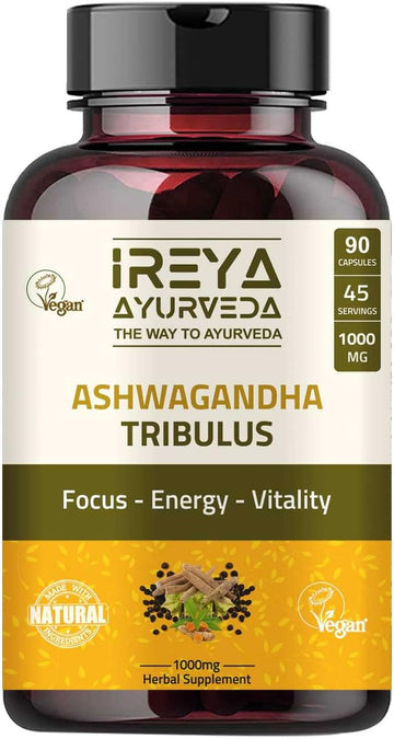 Ireya Ayurveda Ashwagandha Capsules Organic (90 Capsules) 1000mg Made with Tribulus Terrestris, Shatavari and Black Pepp