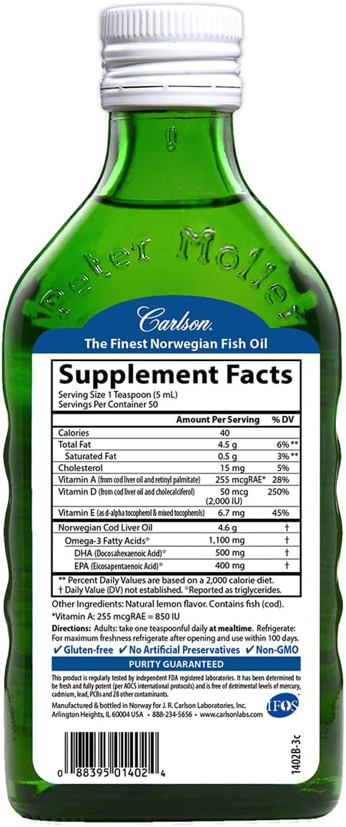 Carlson - Super D Omega-3, Wild-Caught Norwegian Arctic Cod Liver Oil, 2000 IU (50 mcg) Vitamin D3, 1100 mg Omega-3s, Su