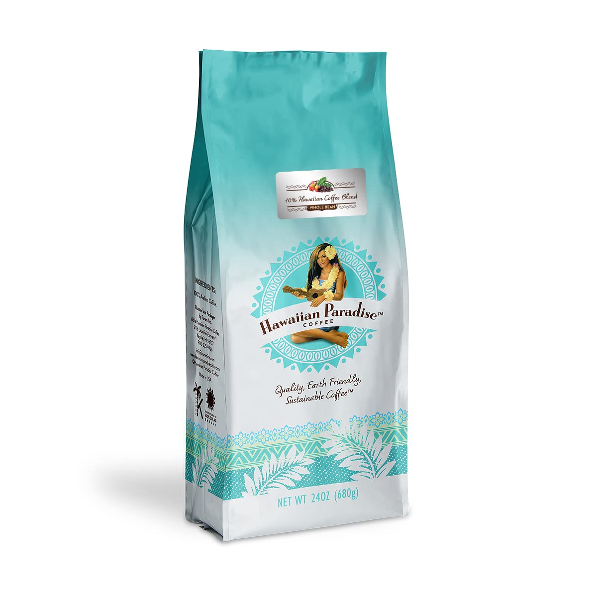 Hawaiian Paradise Coffee 10% Hawaiian Roast Coffee Whole Bean Bag - Premium Rich Signature Brewed – 100% Arabica Gourmet Finest Beans