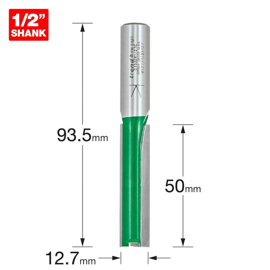 Trend Craft Pro 1/2" Shank Straight Router Cutter Bit - Ref: C153DX1/2TC; Diameter 12.7.mm; Cutting Length 50mm; Tungsten Carbide Tipped